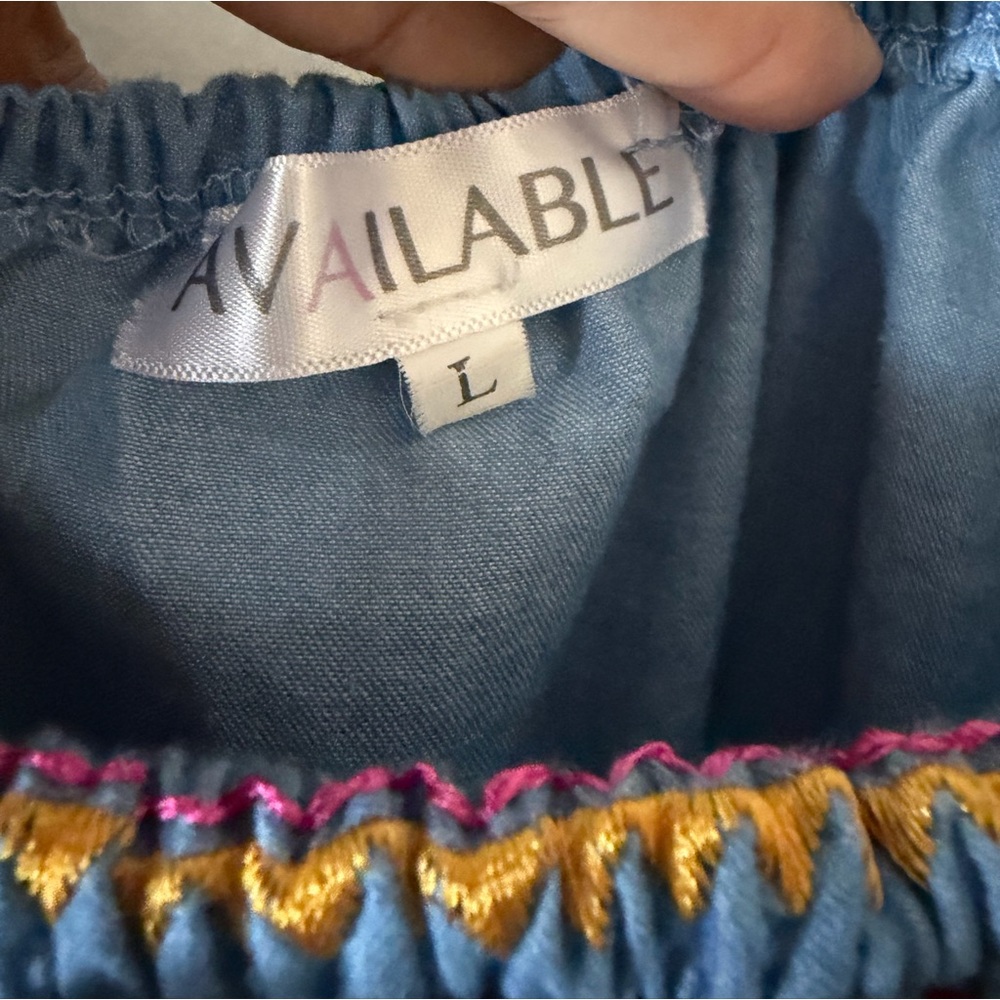 Available Blue Embroidered Chambray Boho Tunic Dress Size Large - Picture 3 of 9